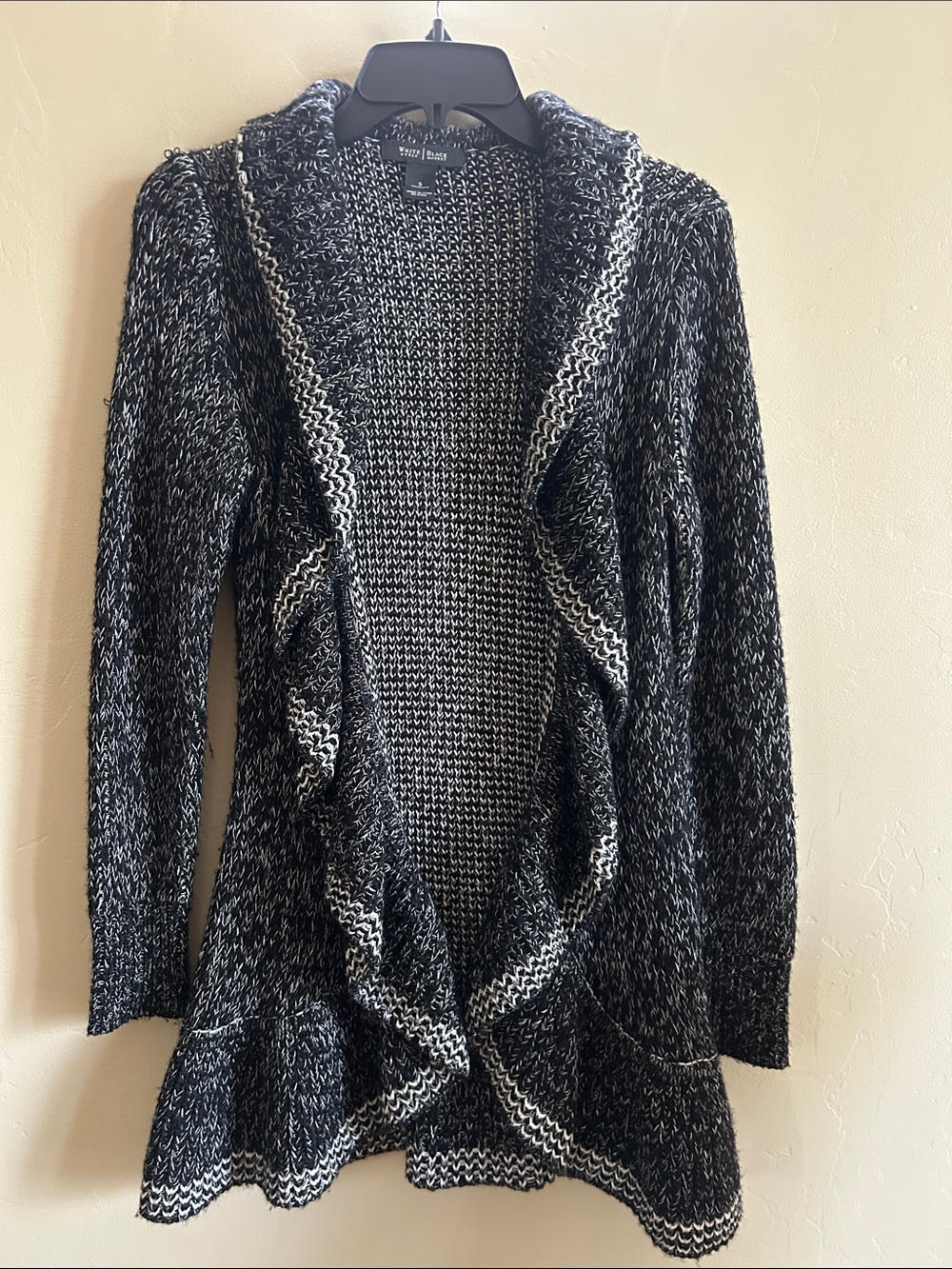 White House Black Market Black & White Marled Open-Front Ruffle Cardigan